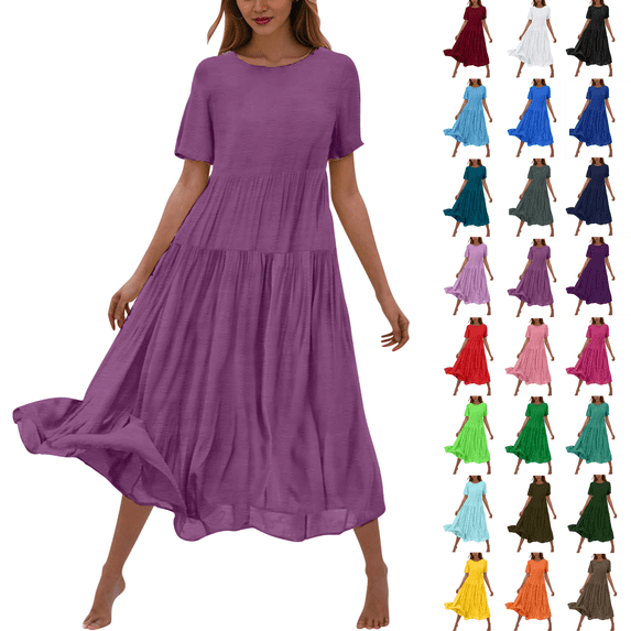 Women's Summer Flower Solid Color Casual Short Sleeve Crewneck Dress Casual Flowy Tiered Maxi Beach Dress,Chic Day Dresses for Ladies Summer Wear