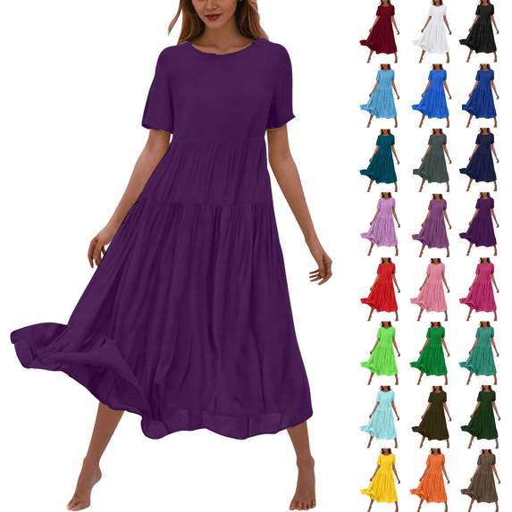 Women's Summer Flower Solid Color Casual Short Sleeve Crewneck Dress Casual Flowy Tiered Maxi Beach Dress,Chic Day Dresses for Ladies Summer Wear
