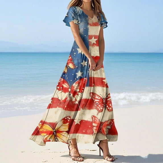 Women's Summer Flowy Maxi Dress American Flag Print 4Th of July Dress,Elegant Short Sleeve Flowy Beach Boho Dress