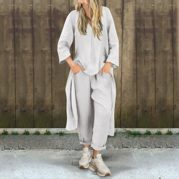 Women's Summer Flowy Outfits 2 Piece Casual V Neck 3/4 Sleeve High Low Blouse Pants Matching Sets 2025 Trendy Vacation Clothes Sweat Suits for Womens 2 Piece Workout Gray M