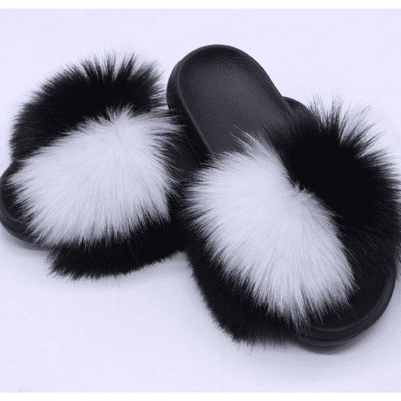 Women's Summer Fluffy Faux Fur Slides Slippers Non-slip Slip-on Sandals Luxurious Fashion Outdoor Shoes