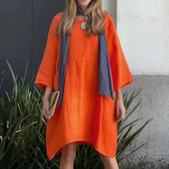 Women's Summer Fresh And Sweet Cropped Sleeve Solid Color Loose Casual Pocket And Linen Dress Summer Dress for Women Casual Women plus Size Dress Women Dressers Knit Dress Travel Dresses for Women