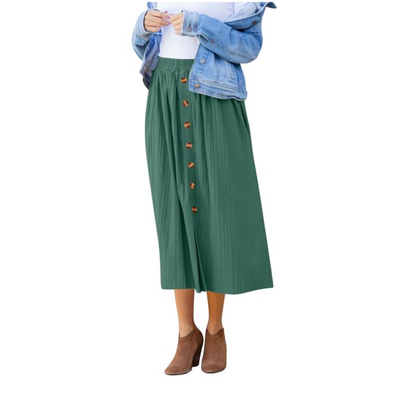 Women's Summer Front Button Midi Skirts Casual High Elastic Waist A Line Pleated Midi Skirts