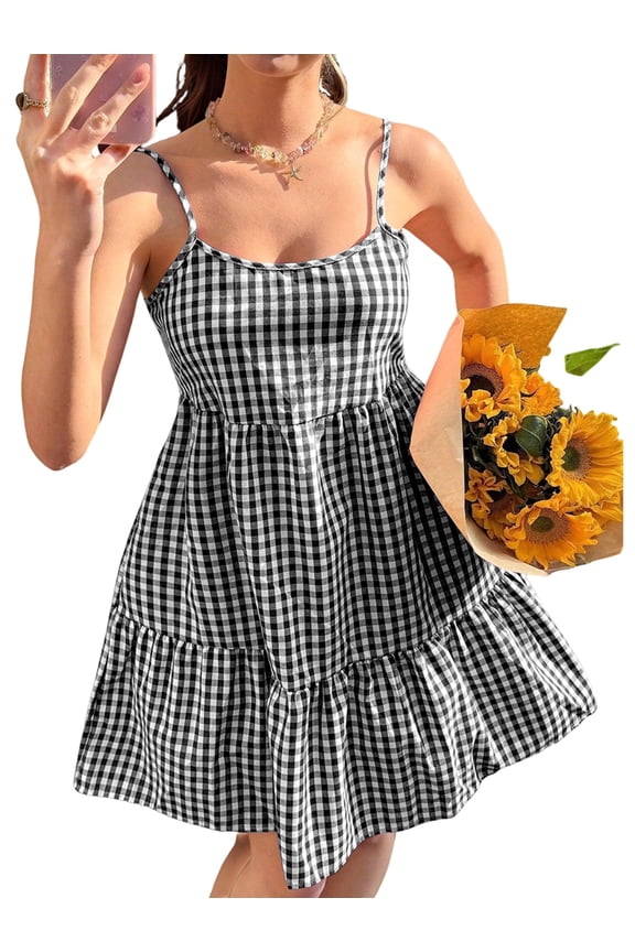 Women's Summer Gingham Dress Plaid Spaghetti Strap Backless A Line Casual Mini Dresses Sundress Hege M