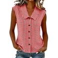 thumbnail image 1 of Women's Summer Gingham Sleeveless Button Down Shirt Office Collared Blouses with Pleated Front Casual Basic Trendy Business Tank Tops Beach Vacation Clothes, Watermelon Red XL, 1 of 8