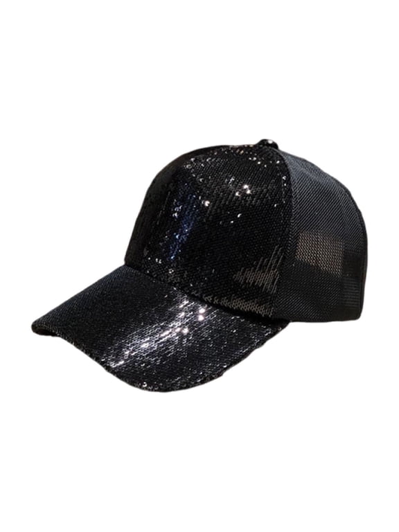 Women's Summer Glitter Sequin Baseball Cap, Adjustable Mesh Breathable Sun Hat, Ponytail Peaked Cap for Party Travel Outdoor Daily Wear