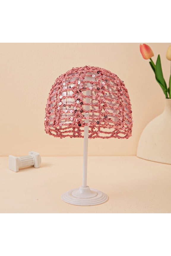 Women's Summer Glitter Sequin Beanie Boho Hollow Out Crochet Hat Slouchy Skull Caps Knit Beanies for Travel Party (Pink)