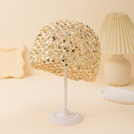 Women's Summer Glitter Sequin Beanie Boho Hollow Out Crochet Hat for Beach Travel Party
