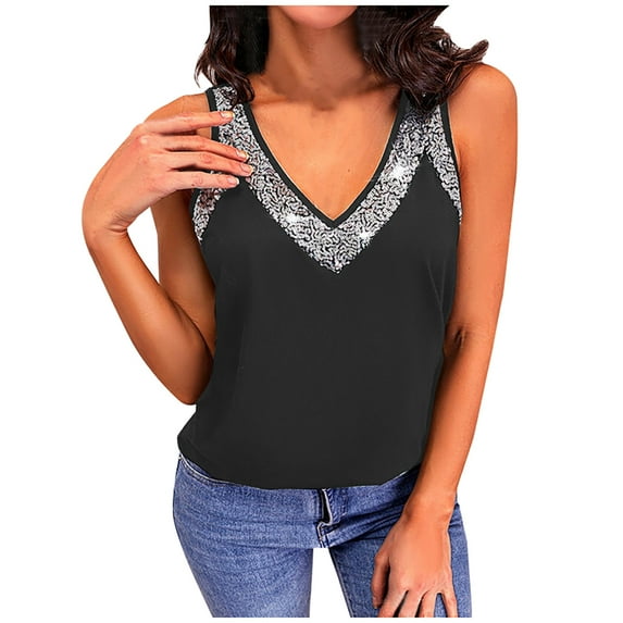 Women's Summer Glitter Tank Tops Sleeveless V-Neck Loose Tunic Tee Tops Casual Trendy T Shirts Blouses Clubwear