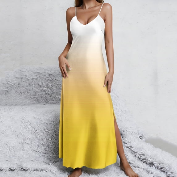 Women's Summer Gradient Long Dress Spaghetti Strap V Neck Sleeveless Backless High Split Hem Flowy Maxi Dress Breathable Beach Vacation Cruise Apparel