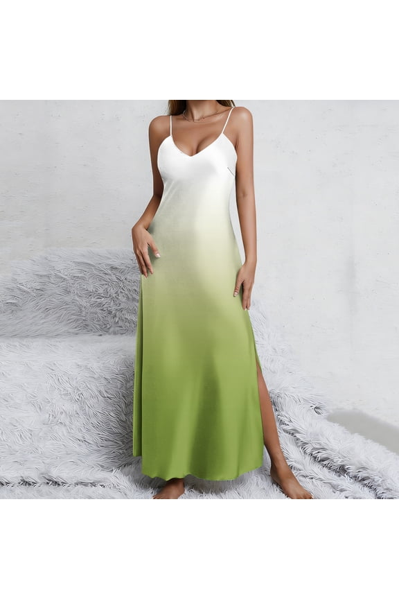 Women's Summer Gradient Long Dress Spaghetti Strap V Neck Sleeveless Backless High Split Hem Flowy Maxi Dress Breathable Beach Vacation Cruise Apparel