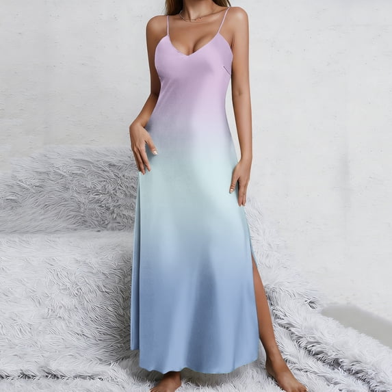 Women's Summer Gradient Long Dress Spaghetti Strap V Neck Sleeveless Backless High Split Hem Flowy Maxi Dress Breathable Beach Vacation Cruise Apparel