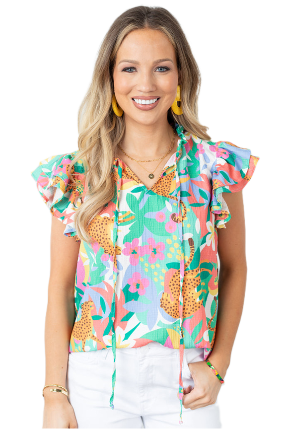 Women's Summer Green Frilly Ruffle Tie Split Neck Floral Blouse - [ZhiHiMeRi] | (US 12-14)L