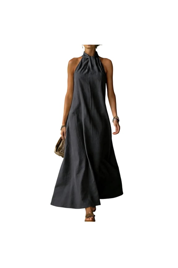 Women's Summer Halter Neck Maxi Dress, Casual Sleeveless Backless Sundress with Keyhole Back, Flowy A-Line Beach Vacation Long Dress
