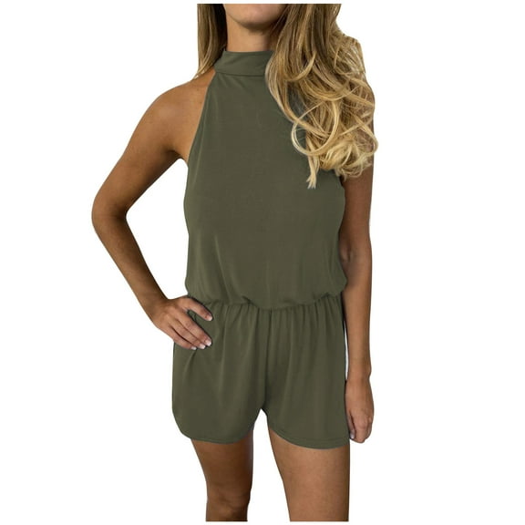 Women's Summer Halter Rompers Sleeveless Wide Leg Flowy Short Jumpsuit Loose Lightweight Comfy Casual Beach Playsuit