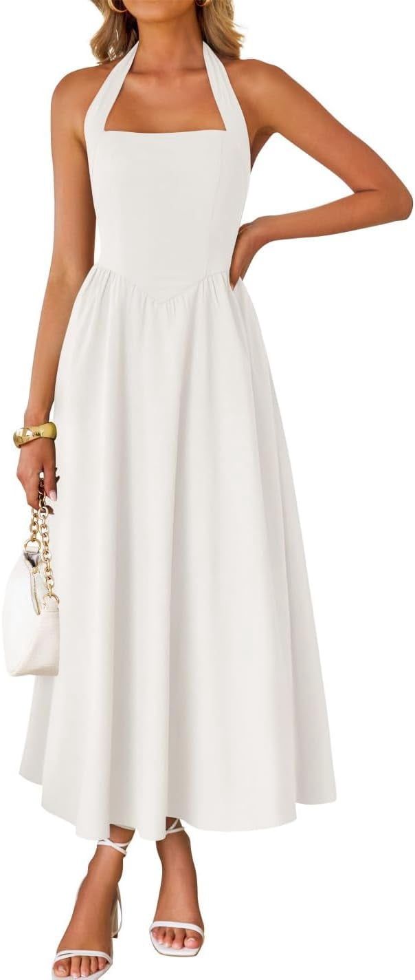 ZANKLEY Women's Halter Neck Midi Dress Sleeveless High Waist Dress for Summer Beach Wedding Guest Casual Wear, Size: Small