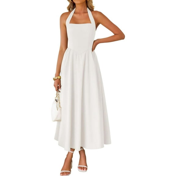 Women's Summer Halter Sleeveless Midi Dress - Square Neck, High Waist Flowy Style, Lightweight Fabric for Beach and Wedding Guest Occasions