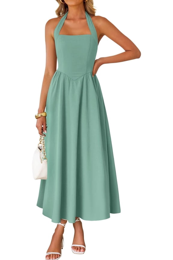 Women's Summer Halter Sleeveless Midi Dress - Square Neck, High Waist Flowy Style, Lightweight Fabric for Beach and Wedding Guest Occasions