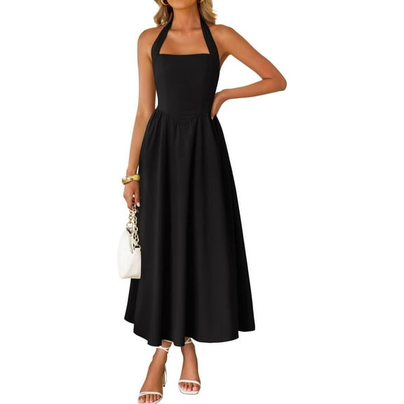 Women's Summer Halter Sleeveless Midi Dress - Square Neck, High Waist Flowy Style, Lightweight Fabric for Beach and Wedding Guest Occasions