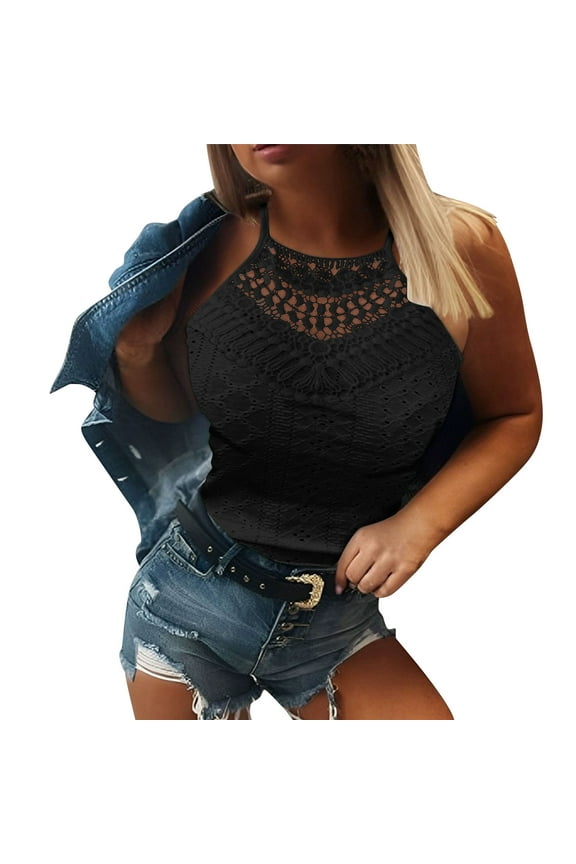 Women's Summer Halter Spaghetti Strap Flowy Tank Tops Sleeveless Shirts Blouses Lace Cami Camisole