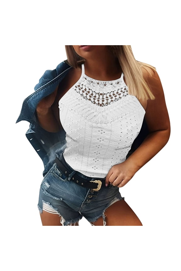 Women's Summer Halter Spaghetti Strap Flowy Tank Tops Sleeveless Shirts Blouses Lace Cami Camisole