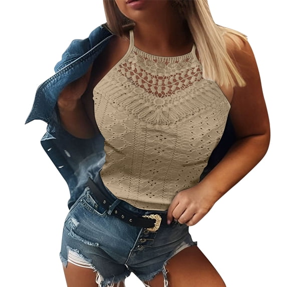 Women's Summer Halter Spaghetti Strap Flowy Tank Tops Sleeveless Shirts Blouses Lace Cami Camisole