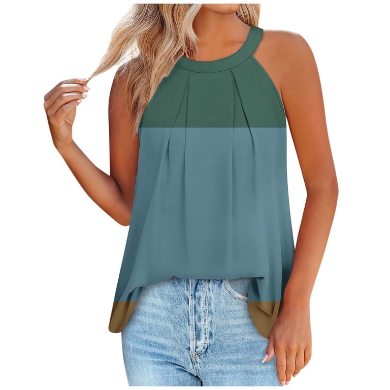 Women's Summer Halter Tops Keyhole Back Pleated Blouses Colorblock Tank Top  Casual Sleeveless Shirts Flowy Tunic Tanks - Walmart.com