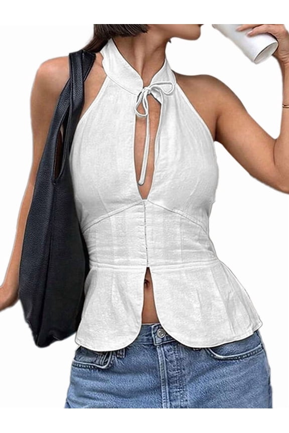 Women's Summer Halter Tops Sleeveless Cut Out Bow- Tie Backless Going Out Blouse White M