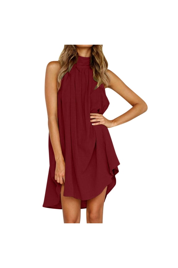 Women's Summer Halterneck Off Shoulder Strappy Dress Solid Color Sleeveless Beach Cami Dress