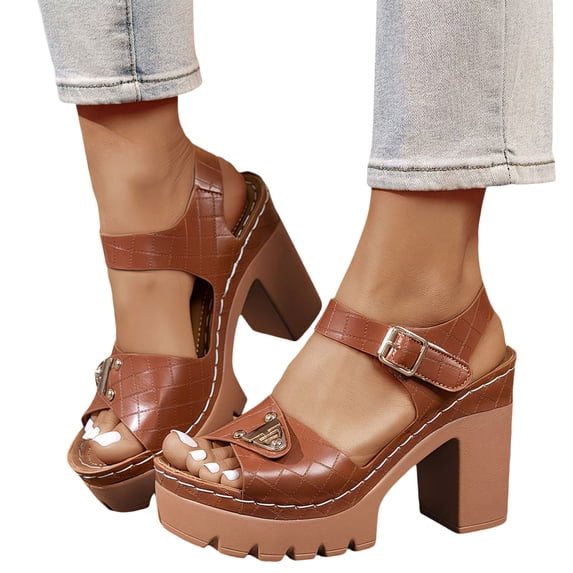 Women's Summer Heels Open Toe Trendy Party Sandals Ankle Strap Outdoor Travel Work Pumps Ladies Chunky Block Heel Shoes Brown 7.5