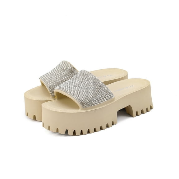 Women's Summer High Heel Thick Sole Rhinestone Open Toe Slippers – Stylish & Sparkly Sandal Slippers for Casual Outdoor & Indoor Wear