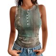 thumbnail image 1 of Women's Summer High Neck Ribbed Slim Floral Button Sleeveless Tank Top Army Green L, 1 of 4