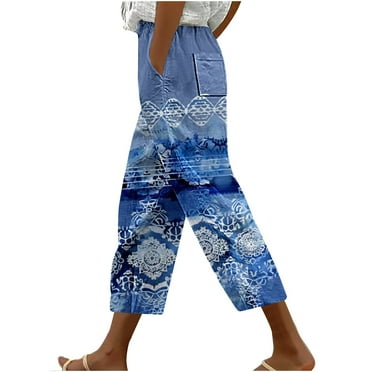 Women's Summer High Waist Wide Leg Pants Casual Outdoor Beach Capri Pants Funky Print Drawstring Capris with Pockets
