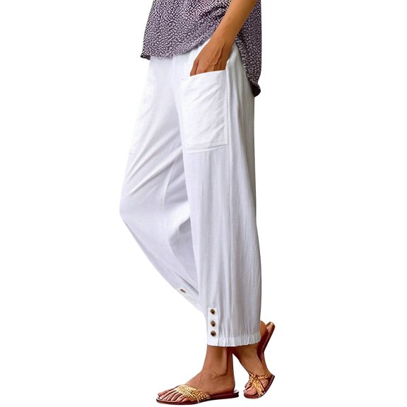 Women's Summer High Waisted Linen Wide Leg Long Pants with Pocket Comfy Casual