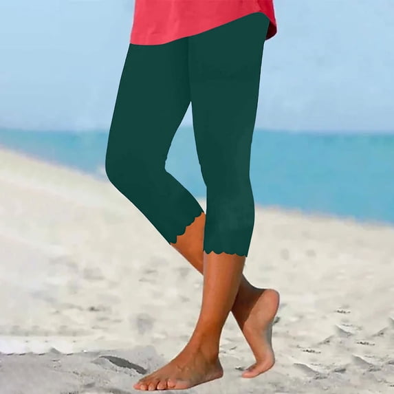 Women's Summer High Waisted Solid Color Capris Matching Fitting Yoga Gym Pants Green XXXL