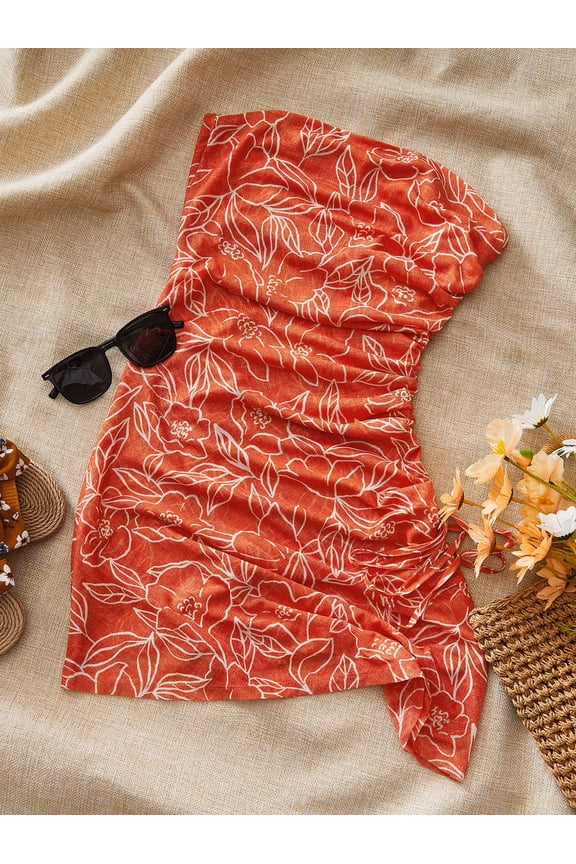 Women's Summer Holiday Floral Print Slim Fit Side Drawstring Bandeau Dress