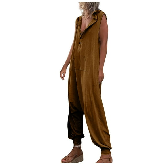 Women's Summer Hooded Jumpsuit Casual Loose Solid Color Buttons Sleeveless Wide Leg Pants Romper Jumpsuits