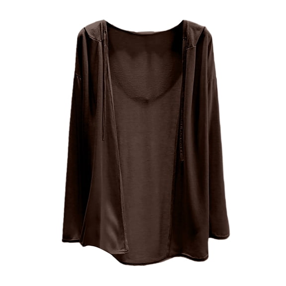 Women's Summer Hooded Long Sleeve Oversized Thin Cardigan Shawl, Coffee, Size XL