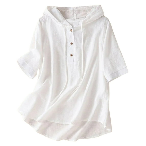 Women's Summer Hoodies 3/4 Sleeve Linen Light Casual Travel Outfits Drawstring Buttons Hooded Pullover Tee Shirt (M, White)