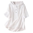 thumbnail image 1 of Women's Summer Hoodies 3/4 Sleeve Linen Light Casual Travel Outfits Drawstring Buttons Hooded Pullover Tee Shirt (XL, White), 1 of 6
