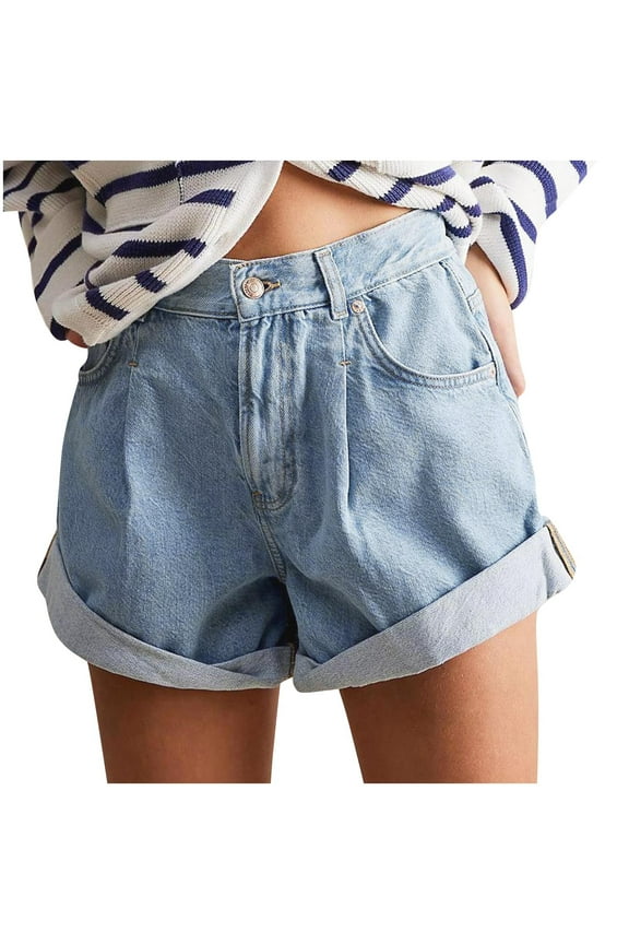 Women's Summer Jean Shorts Trendy Stretchy Casual High Waisted Denim Short Folded Hem Jean Shorts with Pockets