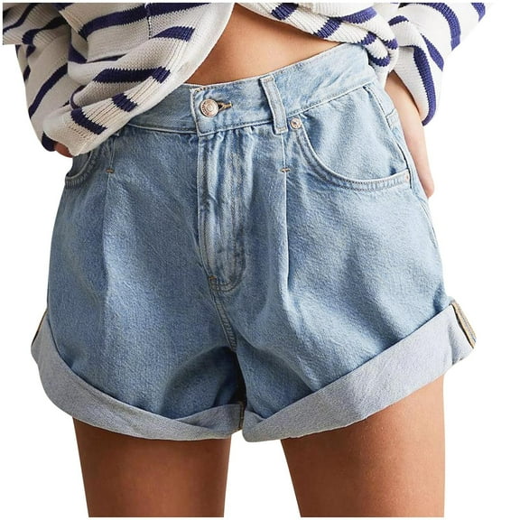 Women's Summer Jean Shorts Trendy Stretchy Casual High Waisted Denim Short Folded Hem Jean Shorts with Pockets