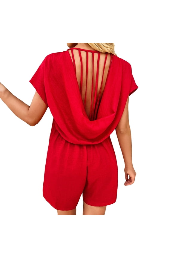 Women's Summer Jumpsuit 2025 Casual V Neck Wrap Ruched Short Sleeve Romper with Pockets Beach Travel Outfit