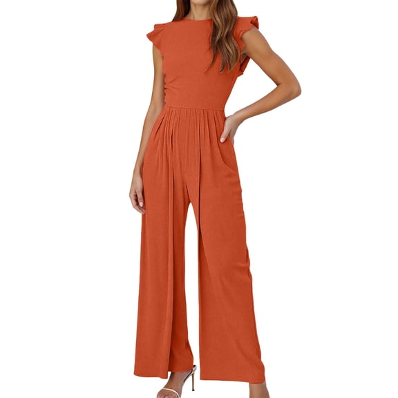 Women's Summer Jumpsuit Casual Dressy Romper Round Neck Pure Color Outfit for Daily Wear and