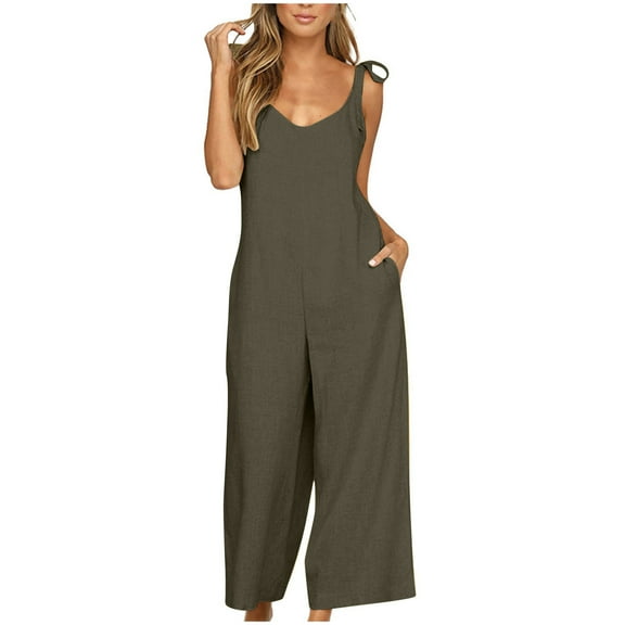 Women's Summer Jumpsuit Casual Loose V Neck Sleeveless Overalls Wide Leg Long Pants Romper with Pockets