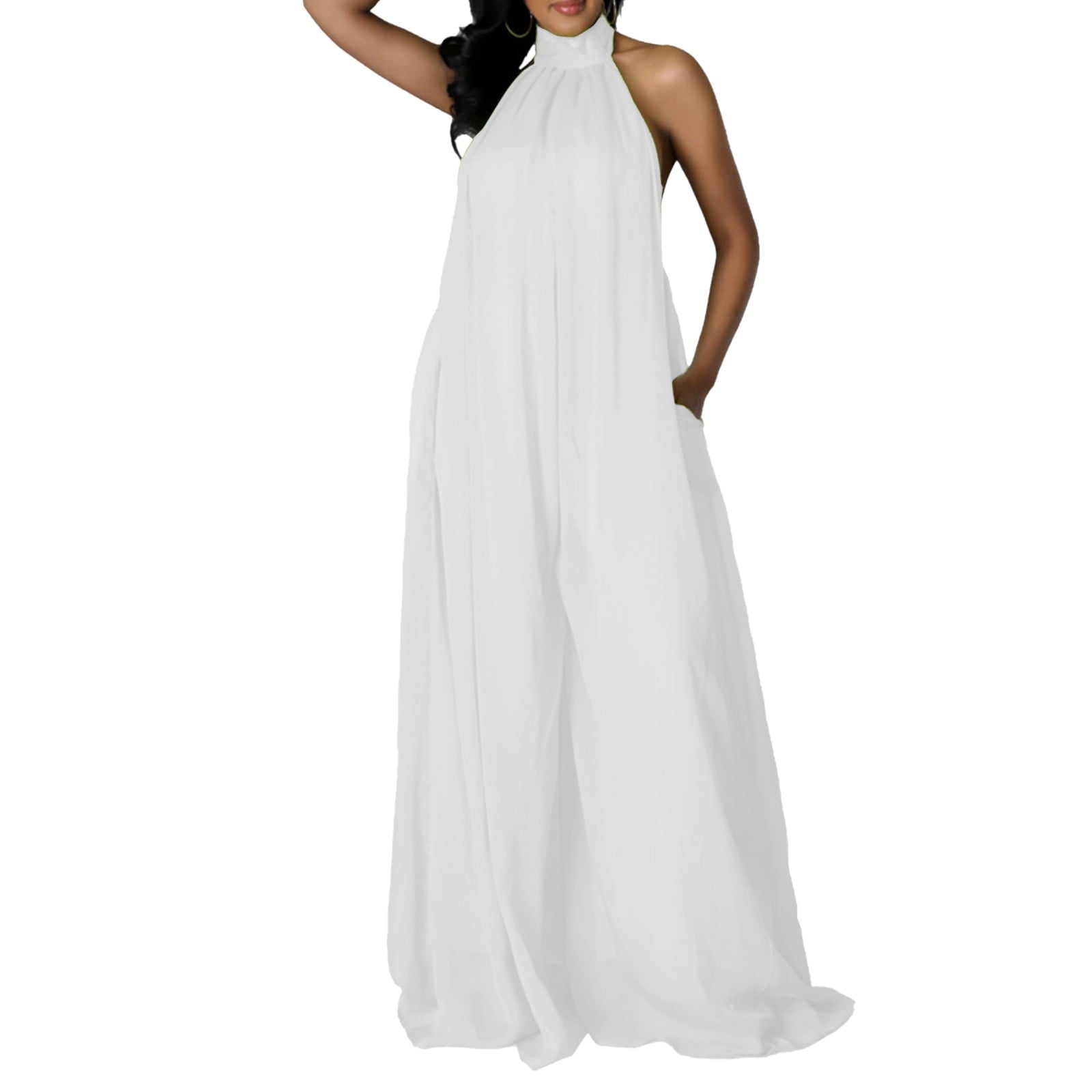 Women's Summer Jumpsuit Neck Sleeveless Chiffon Wide Leg Long Pant