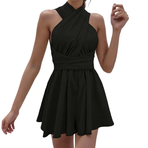 Women's Summer Jumpsuit Sleeveless Backless Romper Stretchy Comfortable Casual Outfit Fashionable Tie Front Wide Leg Design