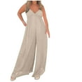 thumbnail image 1 of Women's Summer Jumpsuit Sling Deep V High Waist One Piece Bodysuit Casual Loose Straight Wide Leg Pants Rompers Beige,XXXXXL, 1 of 6
