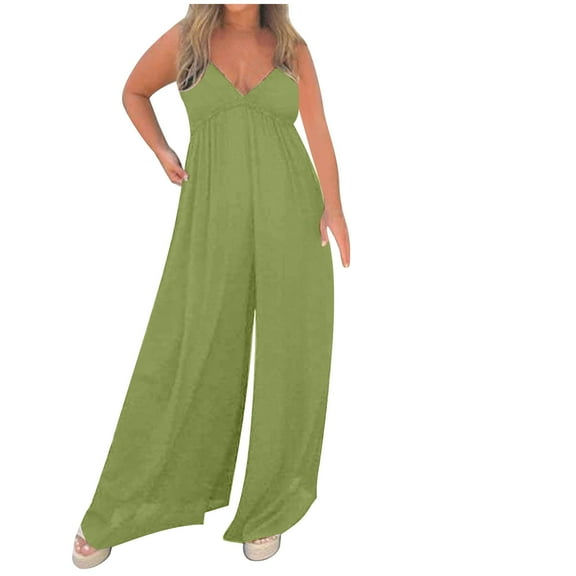 Women's Summer Jumpsuit Sling Deep V High Waist One Piece Bodysuit Casual Loose Straight Wide Leg Pants Rompers Green,XXXL