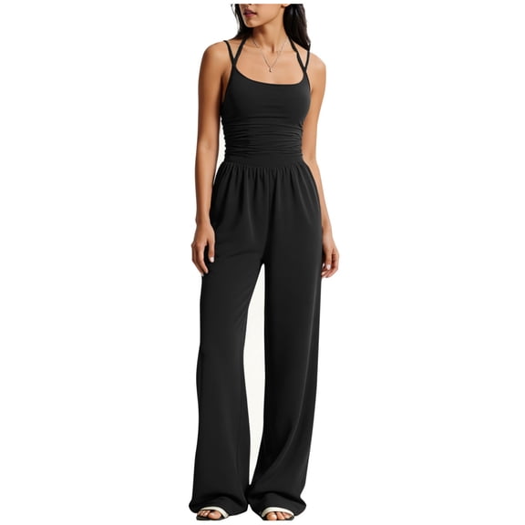 Women's Summer Jumpsuit Spaghetti Strap One Piece Outfit Ruched Wide Leg Baggy Jumpsuit Pants Date Night Rompers